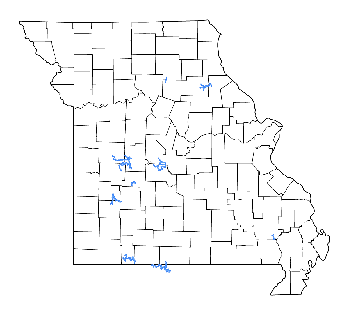Carte de contour de Missouri, United States avec limites administratives internes, lacs et rivières.