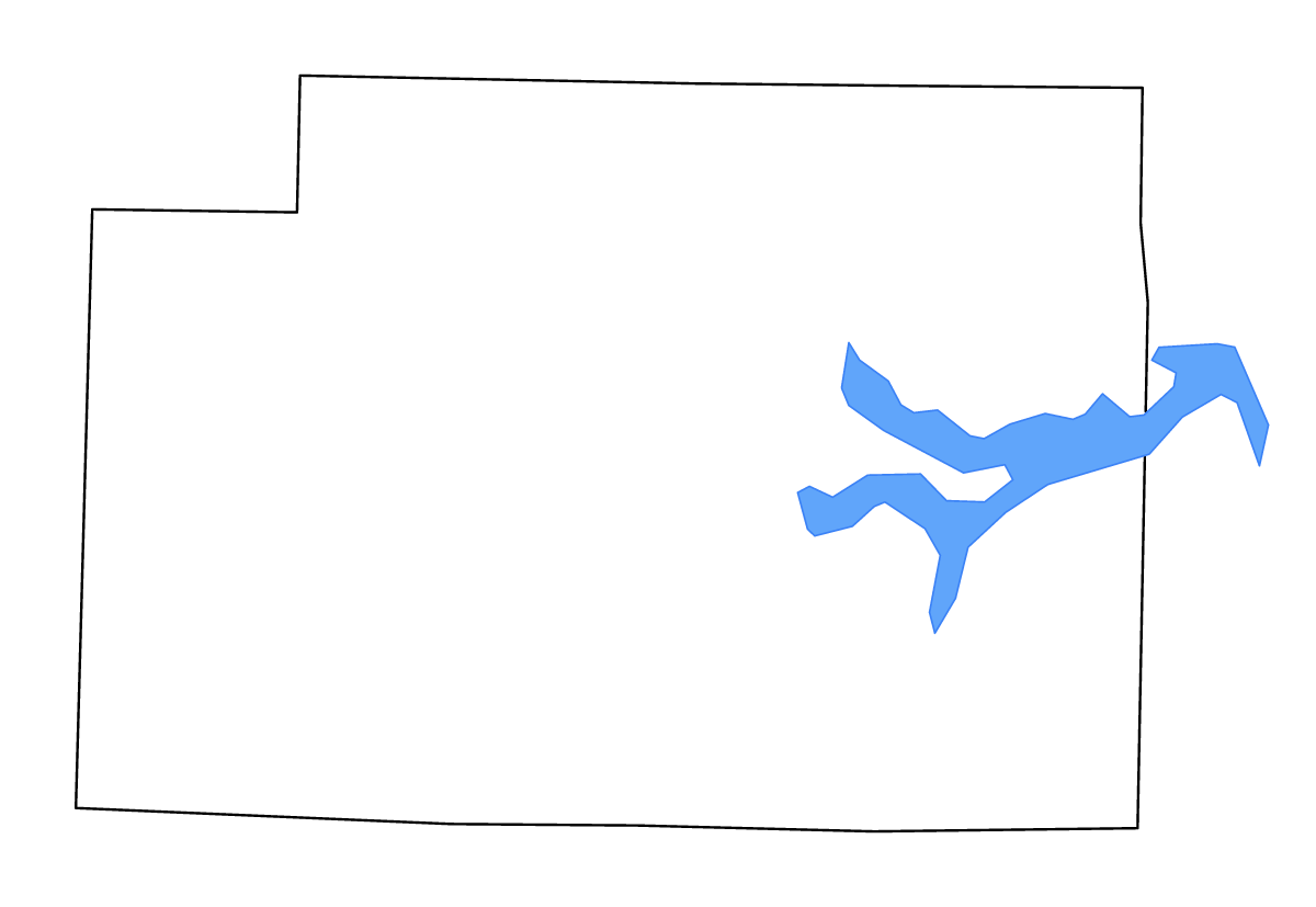 Mapa de contorno de Monroe, Missouri con lagos y ríos.