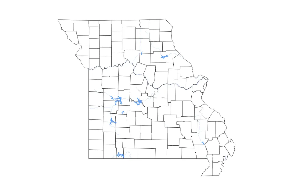 Outline map of Missouri, United States with subdivision borders and major lakes and rivers.