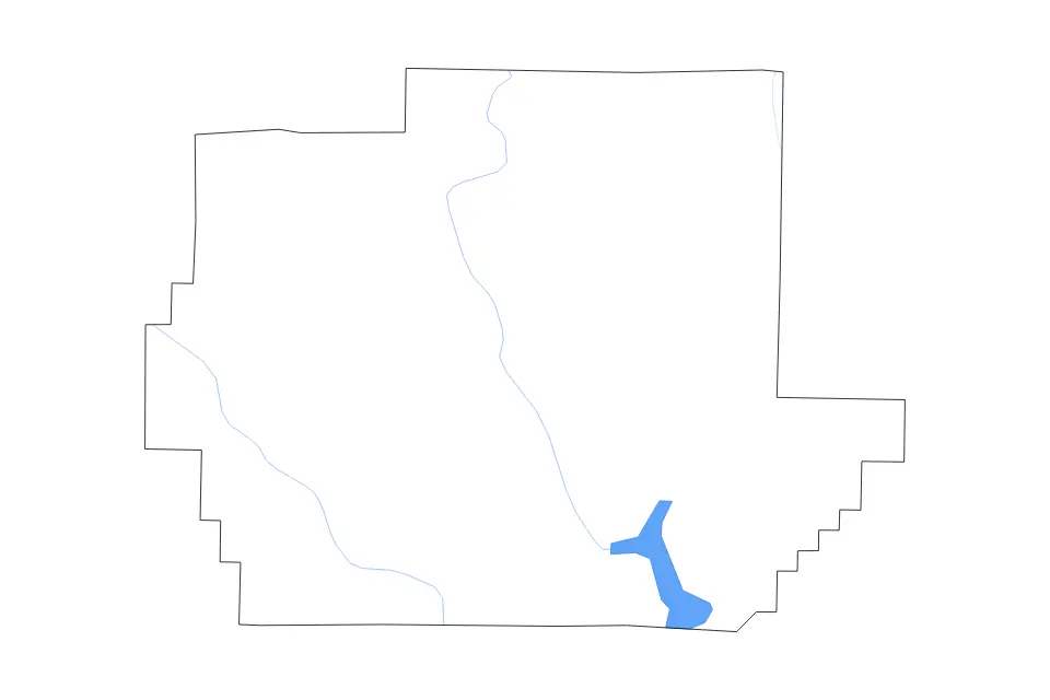 Outline map of Wayne County, Missouri with subdivision borders and major lakes and rivers.