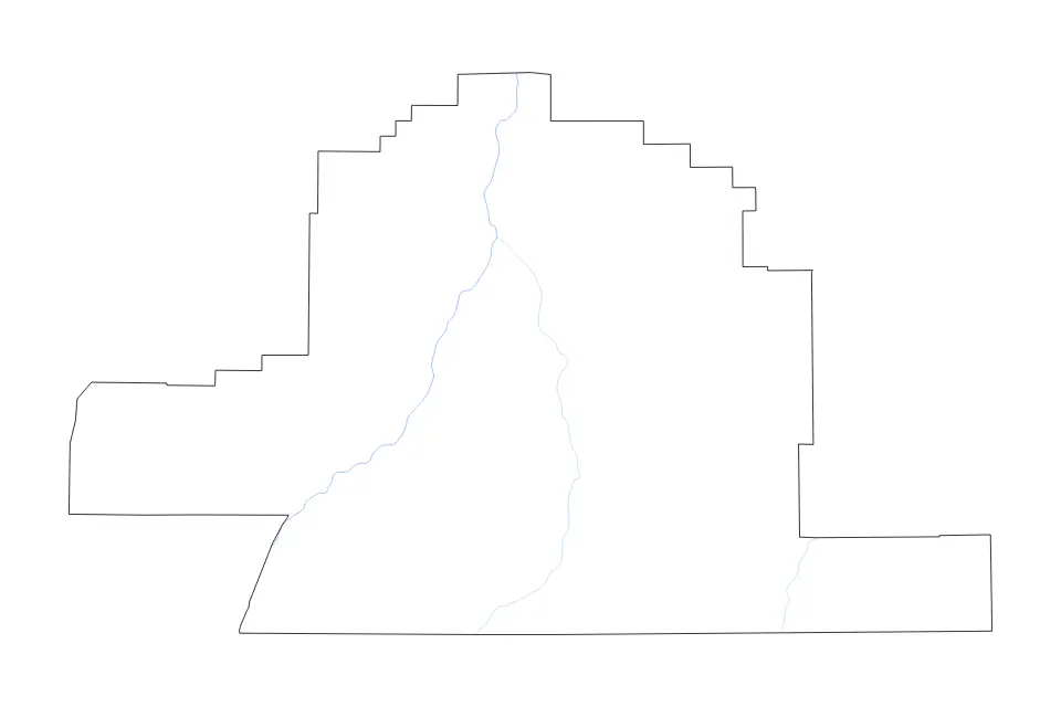 Outline map of Big Horn County, Montana with subdivision borders and rivers.