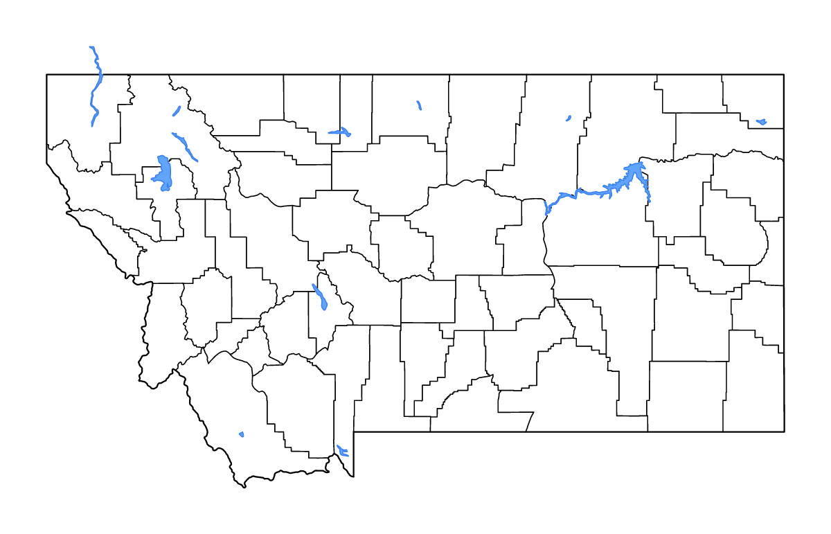 Carte de contour de Montana, United States avec limites administratives internes, lacs et rivières.