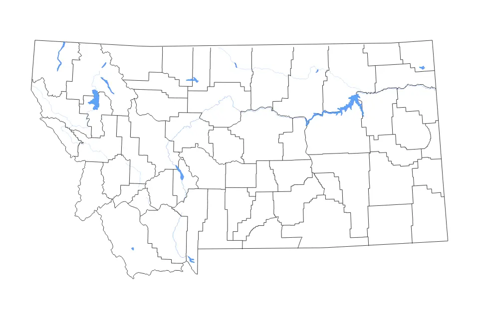 Outline map of Montana, United States with subdivision borders and major lakes and rivers.