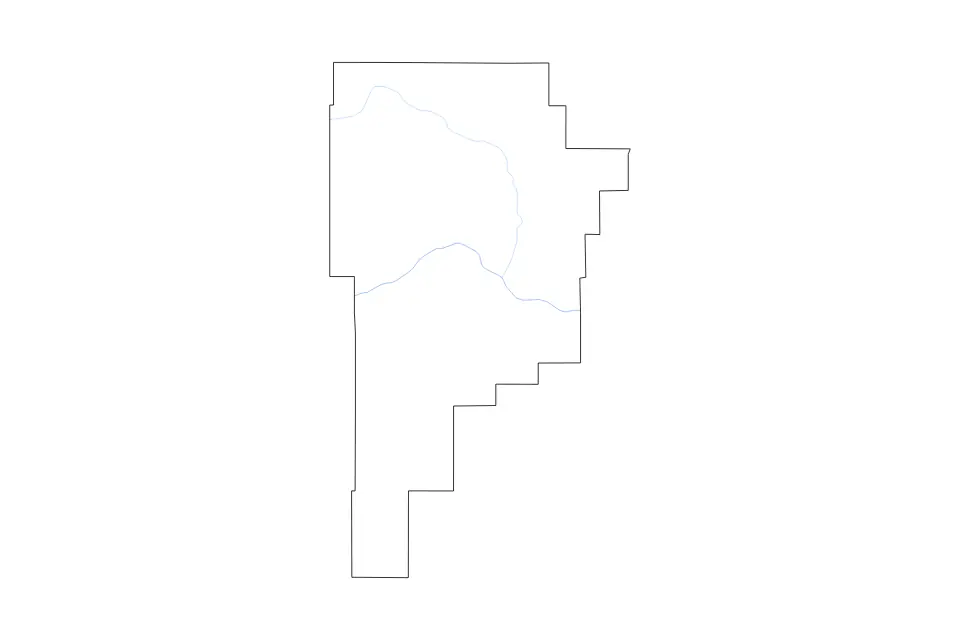 Outline map of Sweet Grass County, Montana with subdivision borders and rivers.