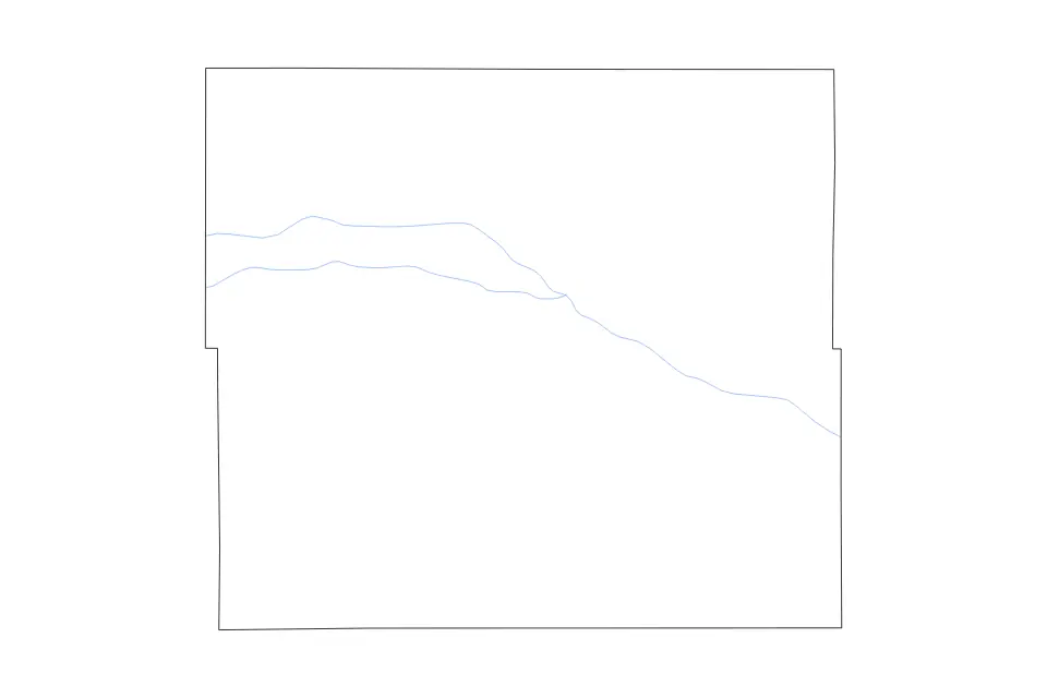 Outline map of Lincoln County, Nebraska with subdivision borders and rivers.