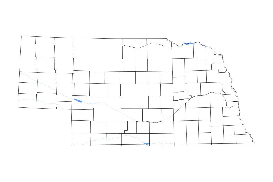 Outline map of Nebraska, United States with subdivision borders and major lakes and rivers.