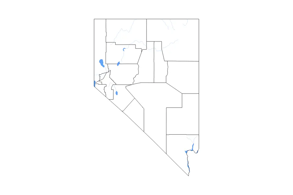 Outline map of Nevada, United States with subdivision borders and major lakes and rivers.