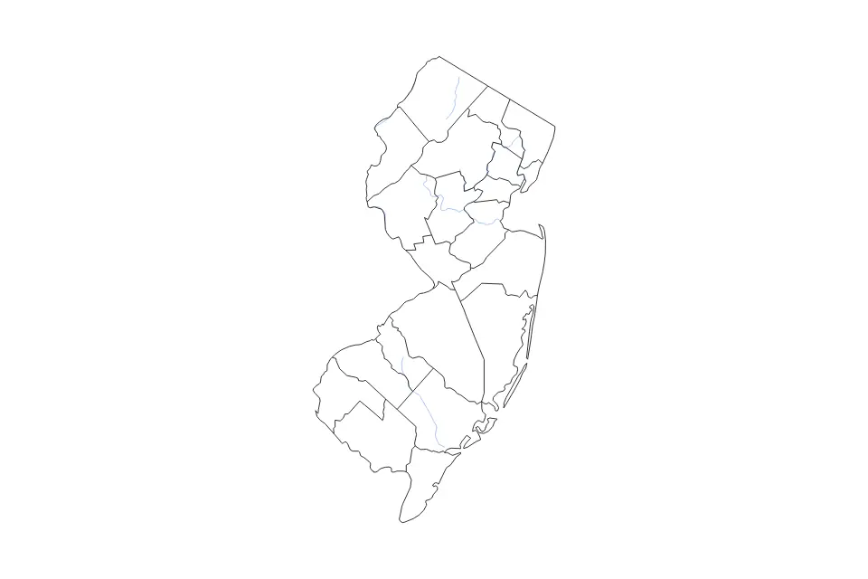 Outline map of New Jersey, United States with subdivision borders and rivers.