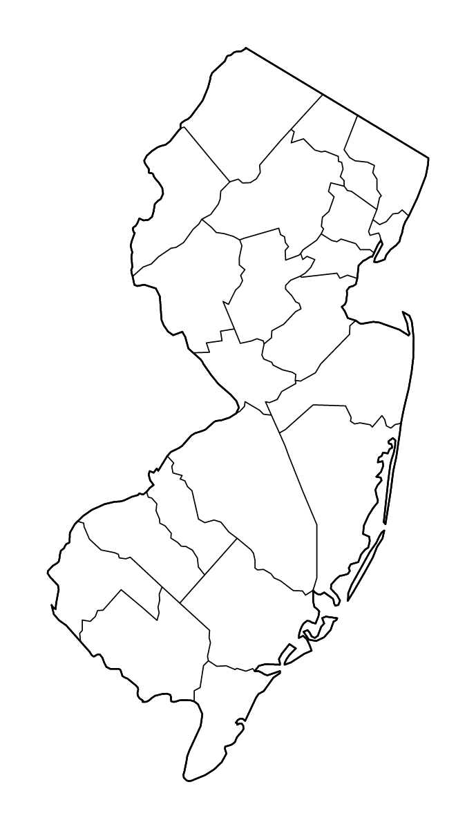 Mapa de contorno de New Jersey, United States con límites administrativos internos y ríos.