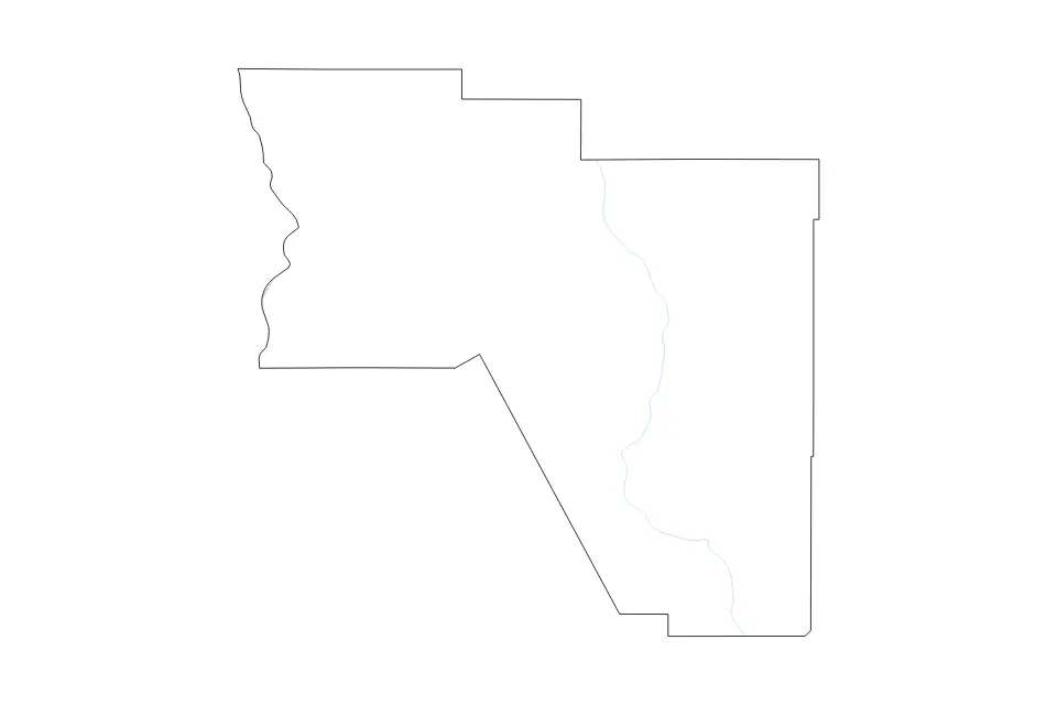 Outline map of Harding County, New Mexico with subdivision borders and rivers.