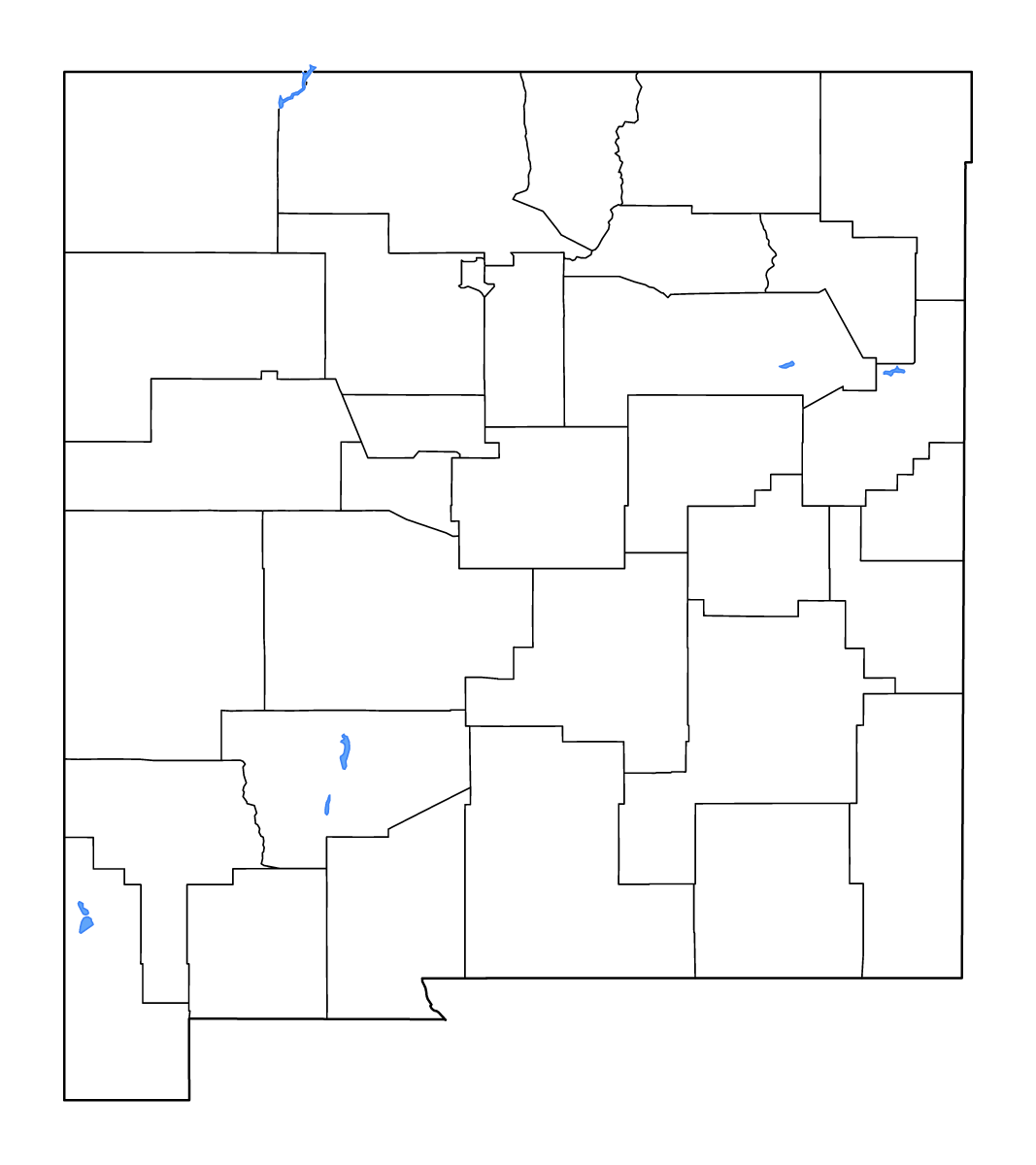 Carte de contour de New Mexico, United States avec limites administratives internes, lacs et rivières.