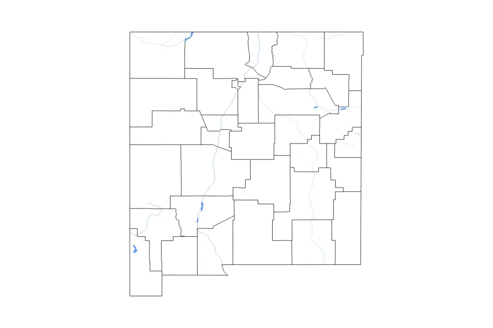 Outline map of New Mexico, United States with subdivision borders and major lakes and rivers.