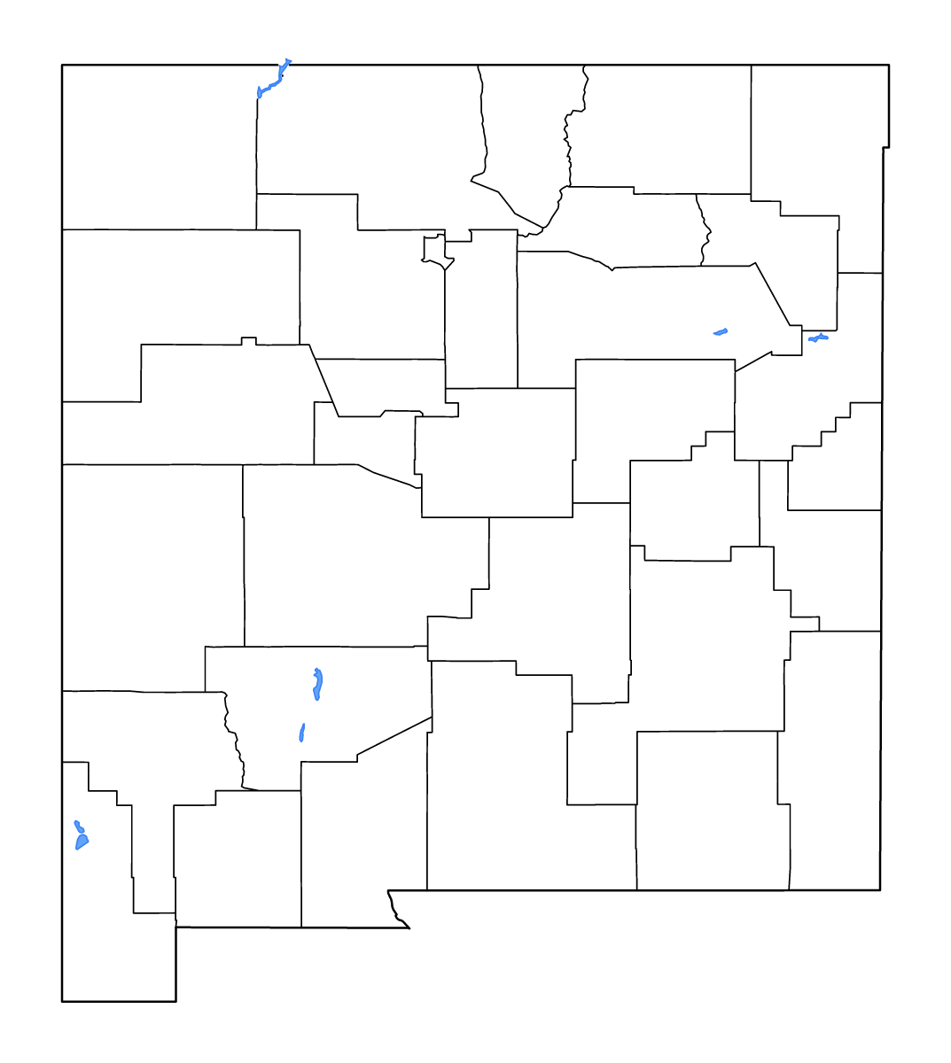 Mapa de contorno de New Mexico, United States con límites administrativos internos, lagos y ríos.