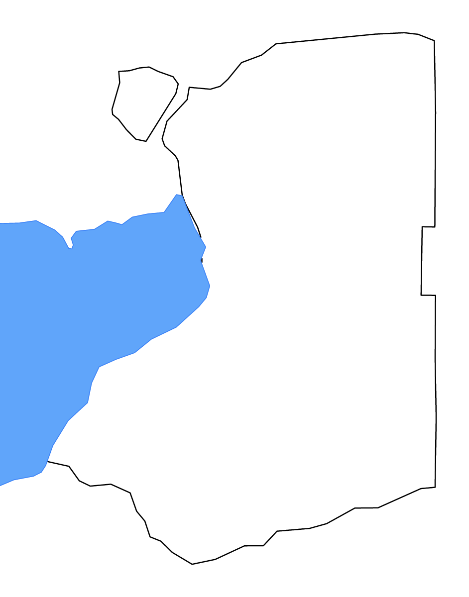 Mapa de contorno de Erie, New York con lagos y ríos.
