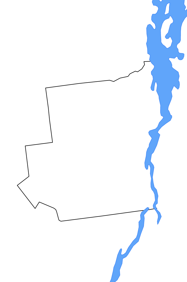 Mapa de contorno de Essex, New York con lagos y ríos.