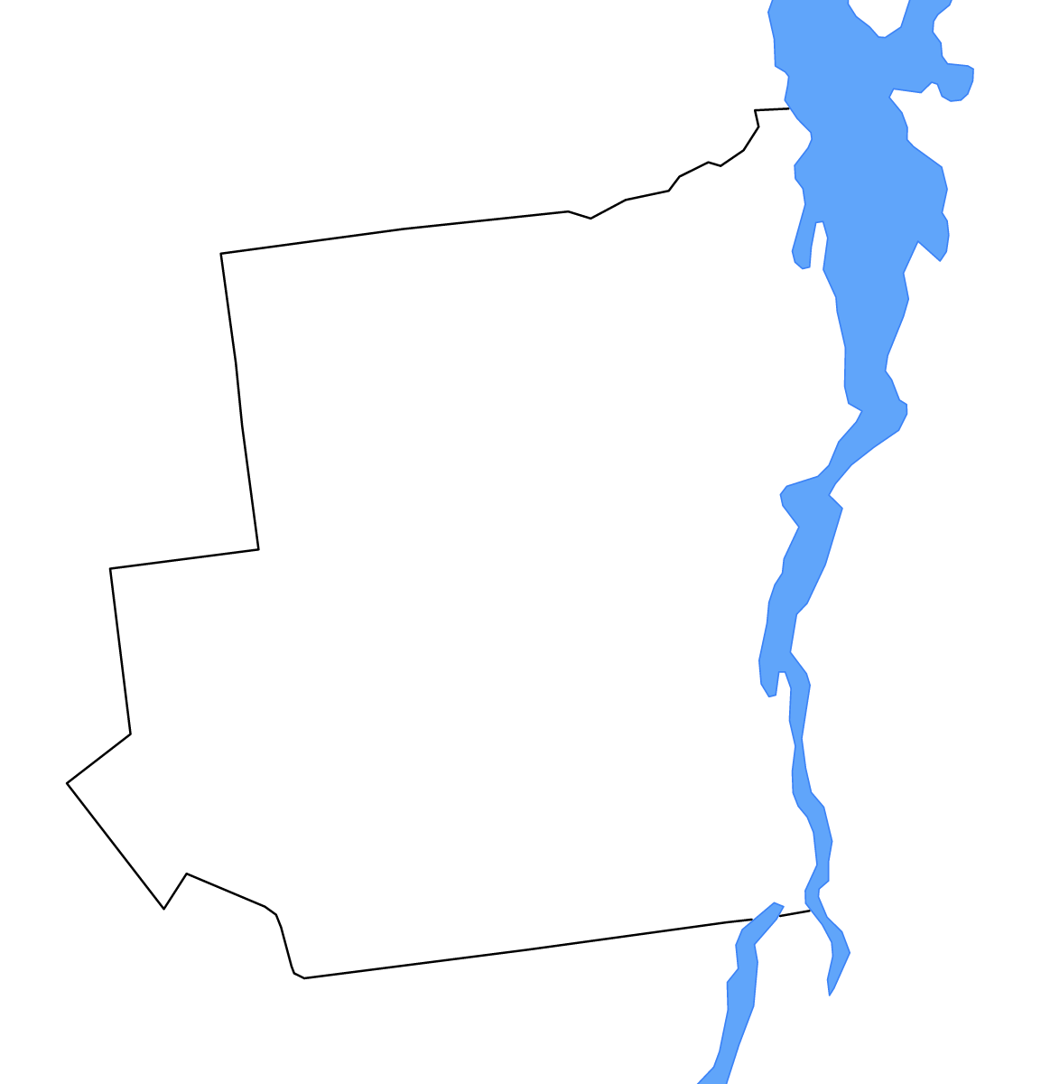 Mapa de contorno de Essex, New York con lagos y ríos.