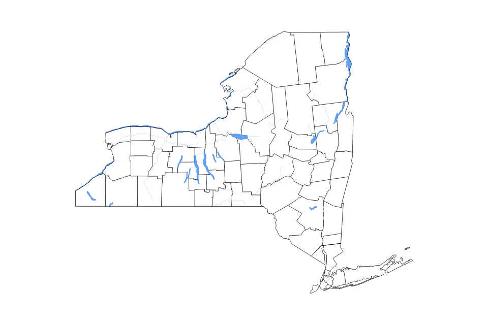 Outline map of New York, United States with subdivision borders and major lakes and rivers.