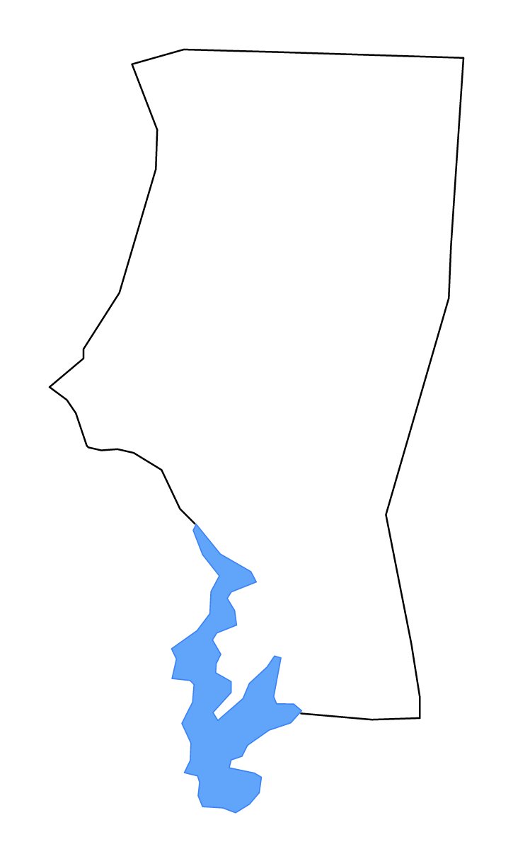 Outline map of Iredell County, North Carolina with lakes and rivers.