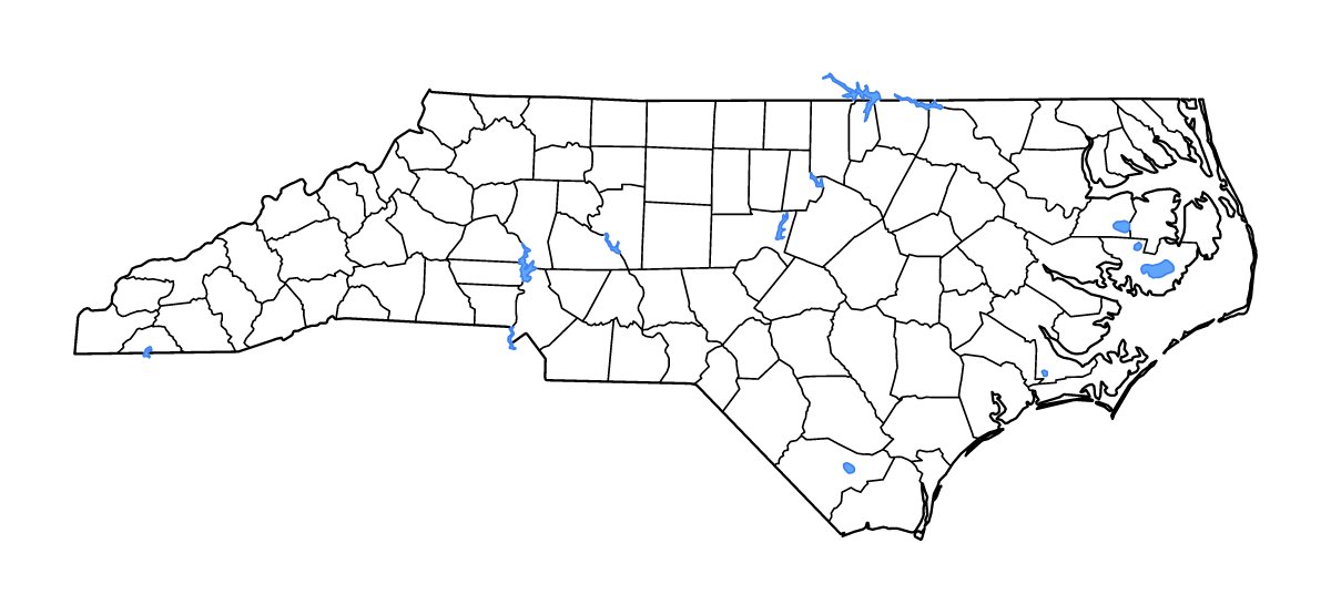 Outline map of North Carolina, United States with internal administrative boundaries, lakes, and rivers.