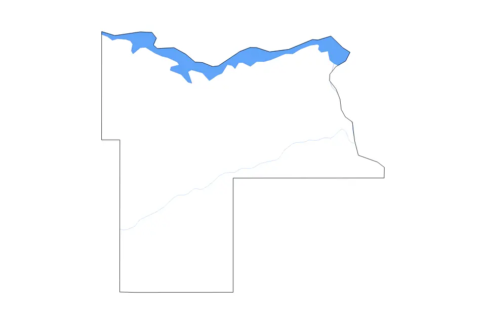 Outline map of Mercer County, North Dakota with subdivision borders and major lakes and rivers.