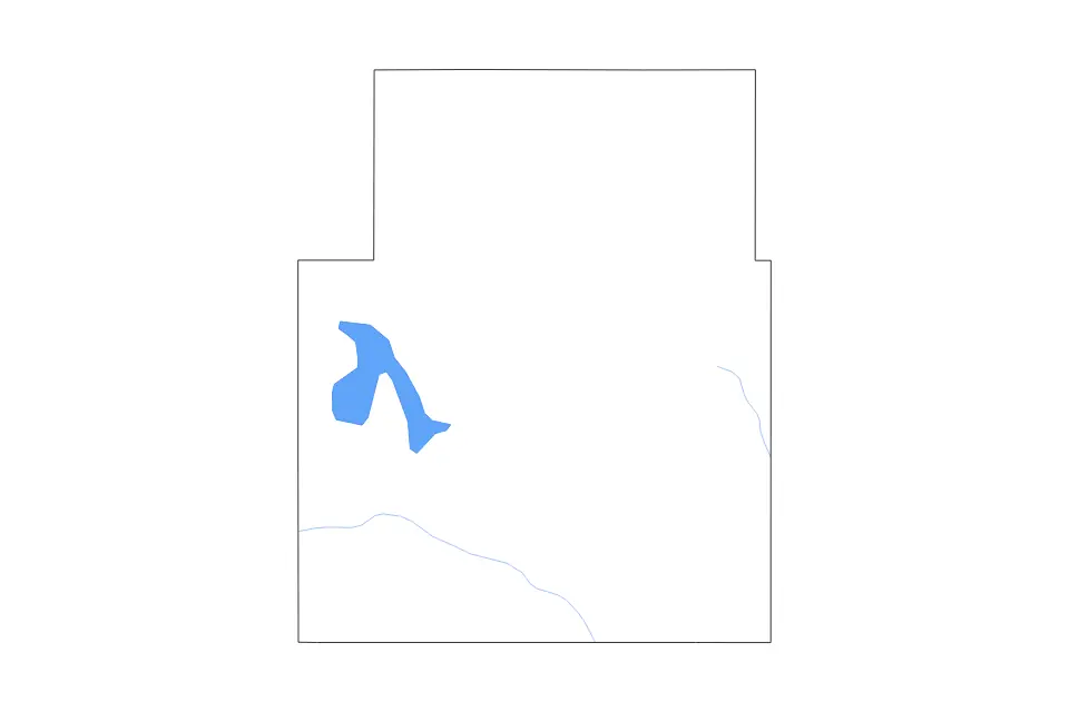Outline map of Nelson County, North Dakota with subdivision borders and major lakes and rivers.