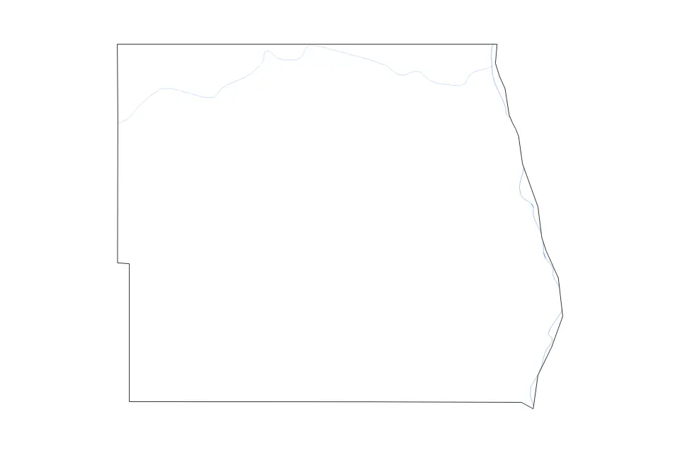 Outline map of Pembina County, North Dakota with subdivision borders and rivers.