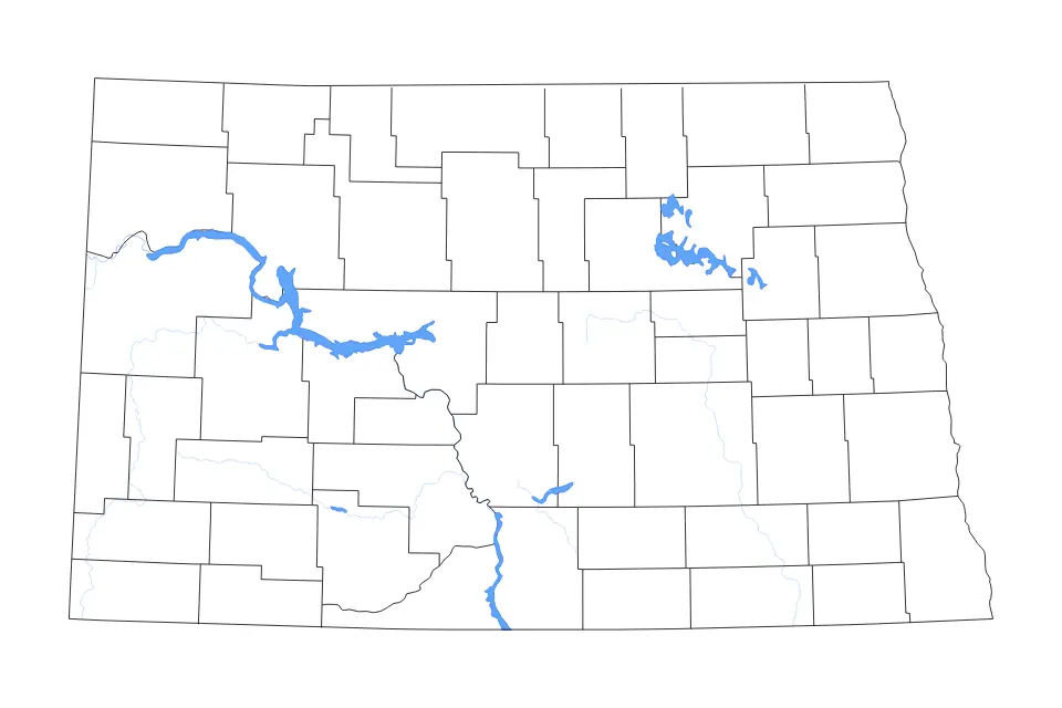 Outline map of North Dakota, United States with subdivision borders and major lakes and rivers.