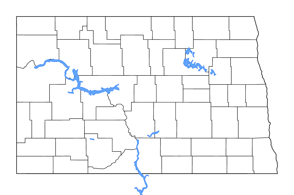 Mapa de contorno de North Dakota, United States con límites administrativos internos, lagos y ríos.