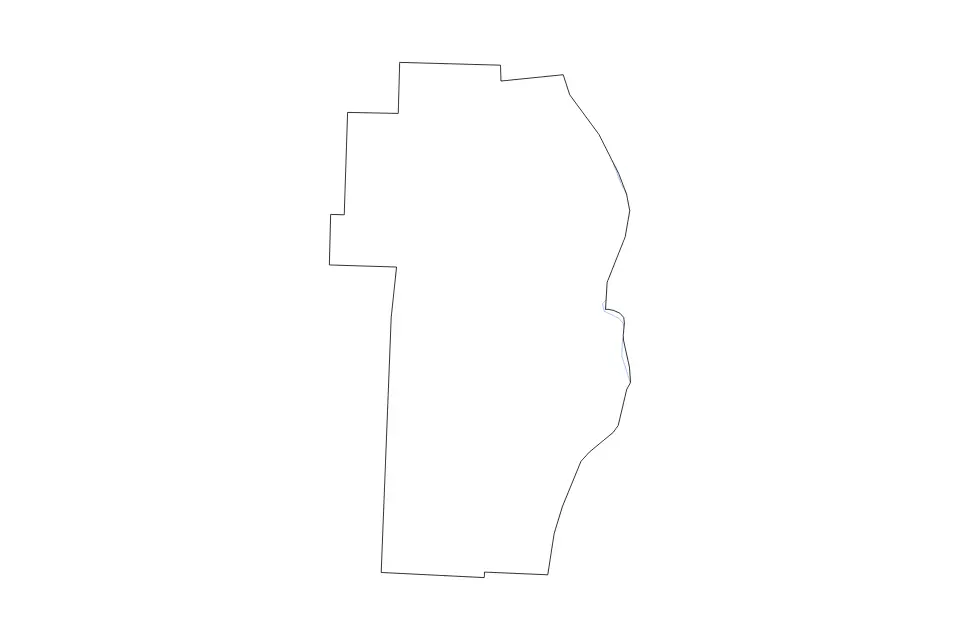 Outline map of Jefferson County, Ohio with subdivision borders and rivers.