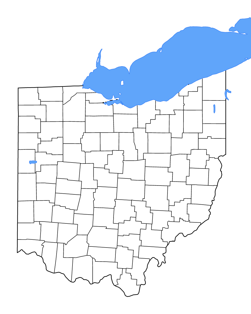 Mapa de contorno de Ohio, United States con límites administrativos internos, lagos y ríos.