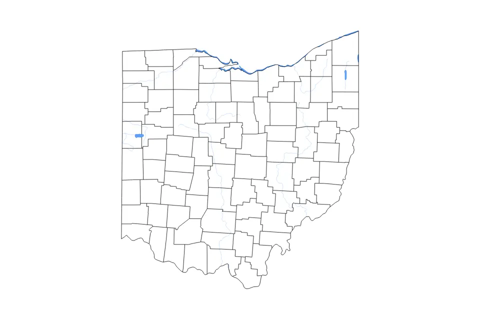Outline map of Ohio, United States with subdivision borders and major lakes and rivers.