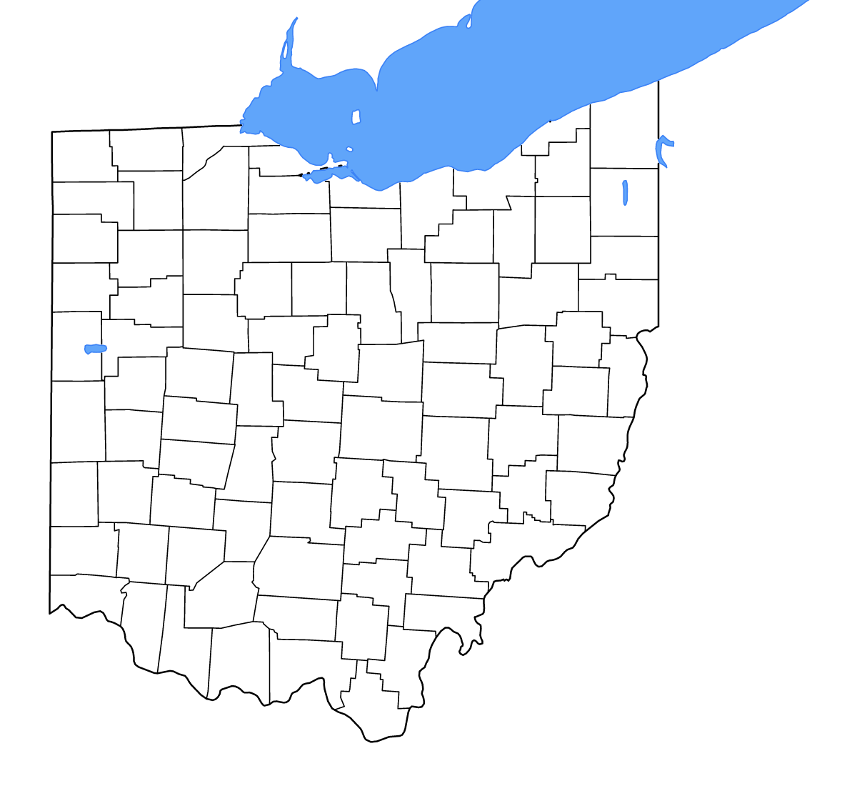 Mapa de contorno de Ohio, United States con límites administrativos internos, lagos y ríos.