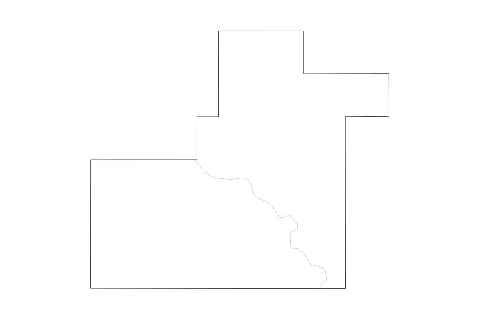 Outline map of Atoka County, Oklahoma with subdivision borders and rivers.