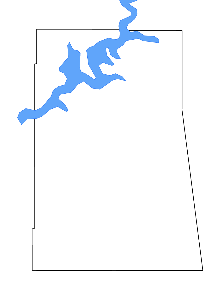 Outline map of Delaware County, Oklahoma with lakes.