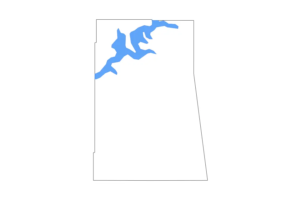 Outline map of Delaware County, Oklahoma with subdivision borders and major lakes.