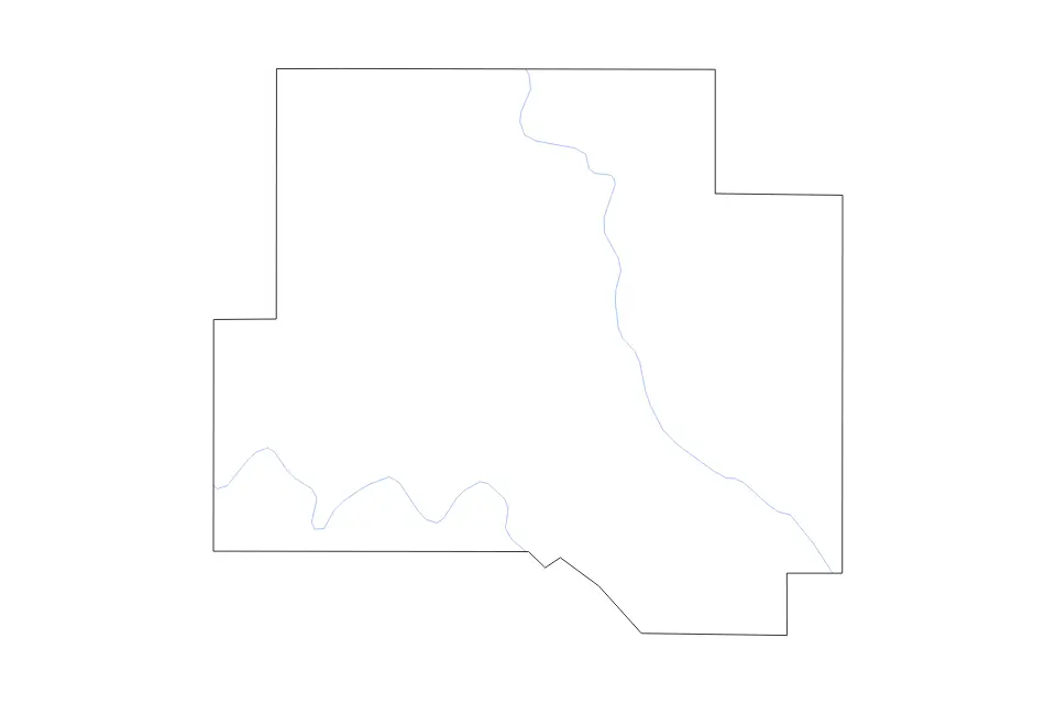 Outline map of Johnston County, Oklahoma with subdivision borders and rivers.