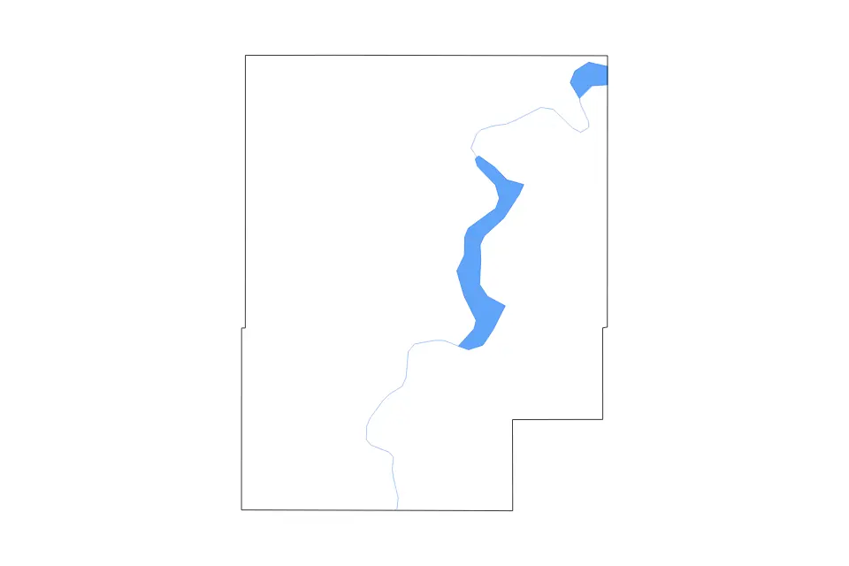 Outline map of Mayes County, Oklahoma with subdivision borders and major lakes and rivers.