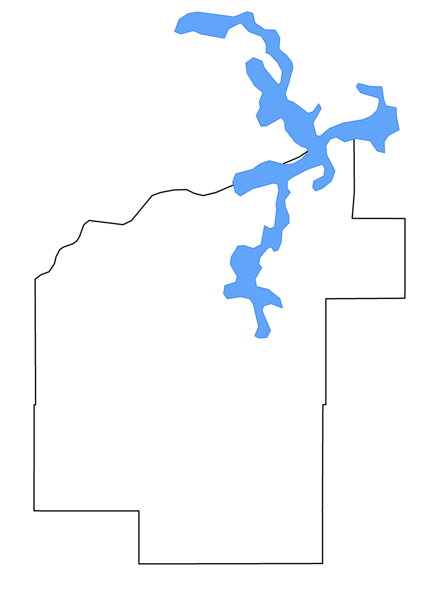 Mapa de contorno de Pittsburg, Oklahoma con lagos y ríos.
