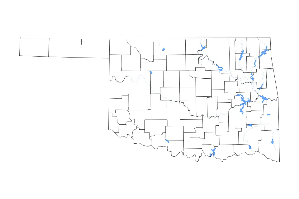 Outline map of Oklahoma, United States with subdivision borders and major lakes and rivers.