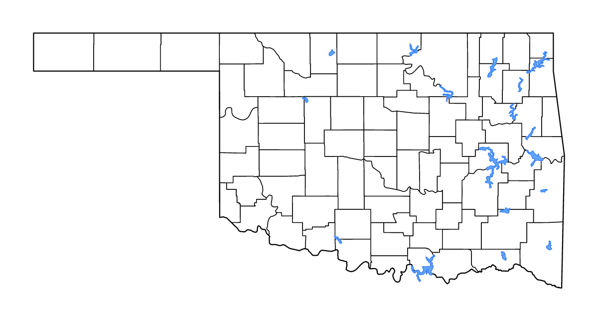 Mapa de contorno de Oklahoma, United States con límites administrativos internos, lagos y ríos.