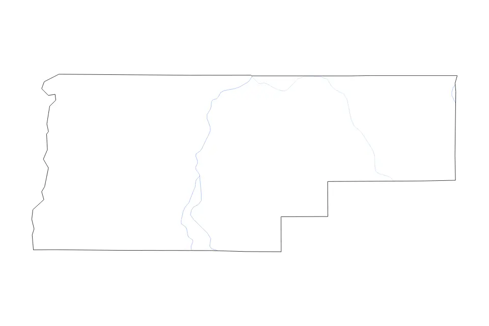 Outline map of Jefferson County, Oregon with subdivision borders and rivers.