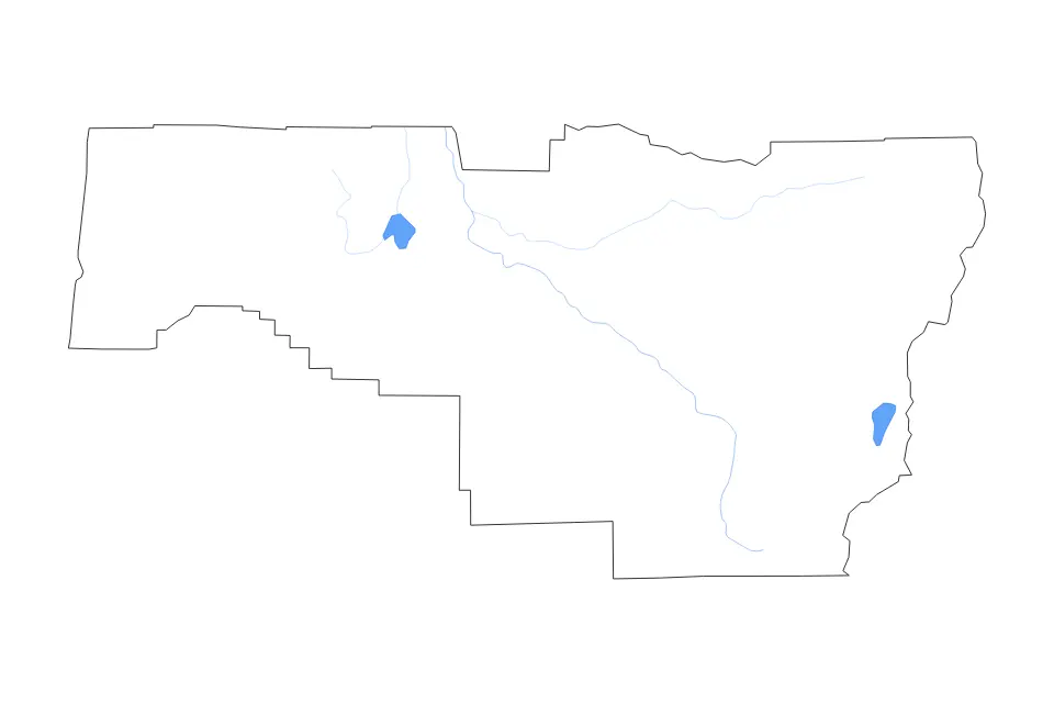 Outline map of Lane County, Oregon with subdivision borders and major lakes and rivers.