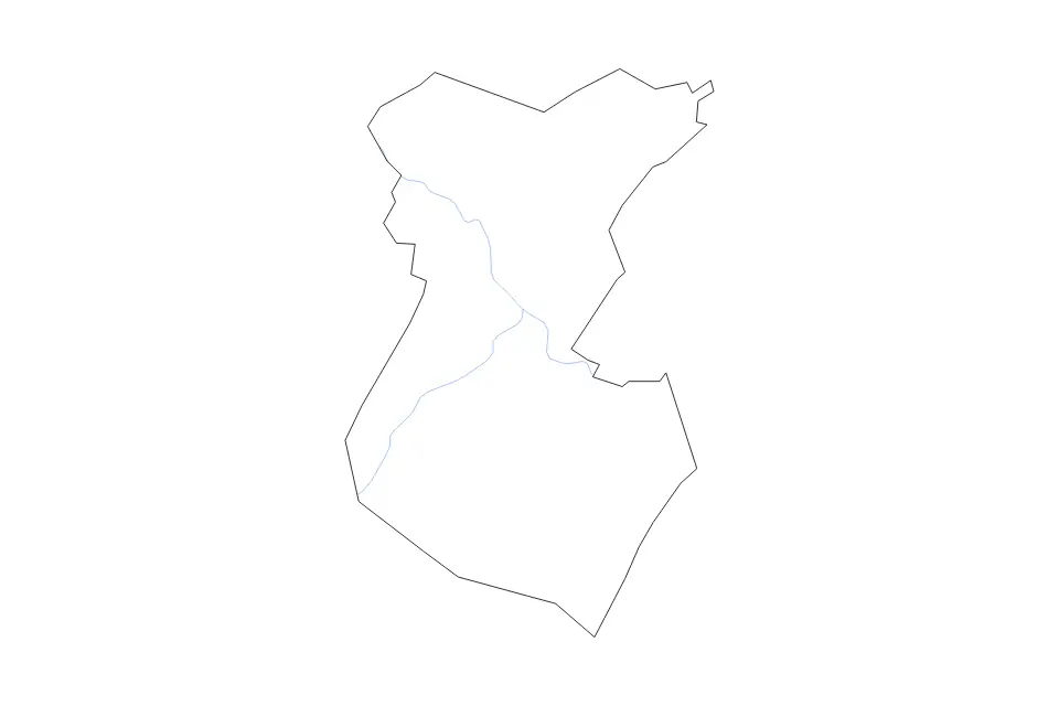 Outline map of Huntingdon County, Pennsylvania with subdivision borders and rivers.