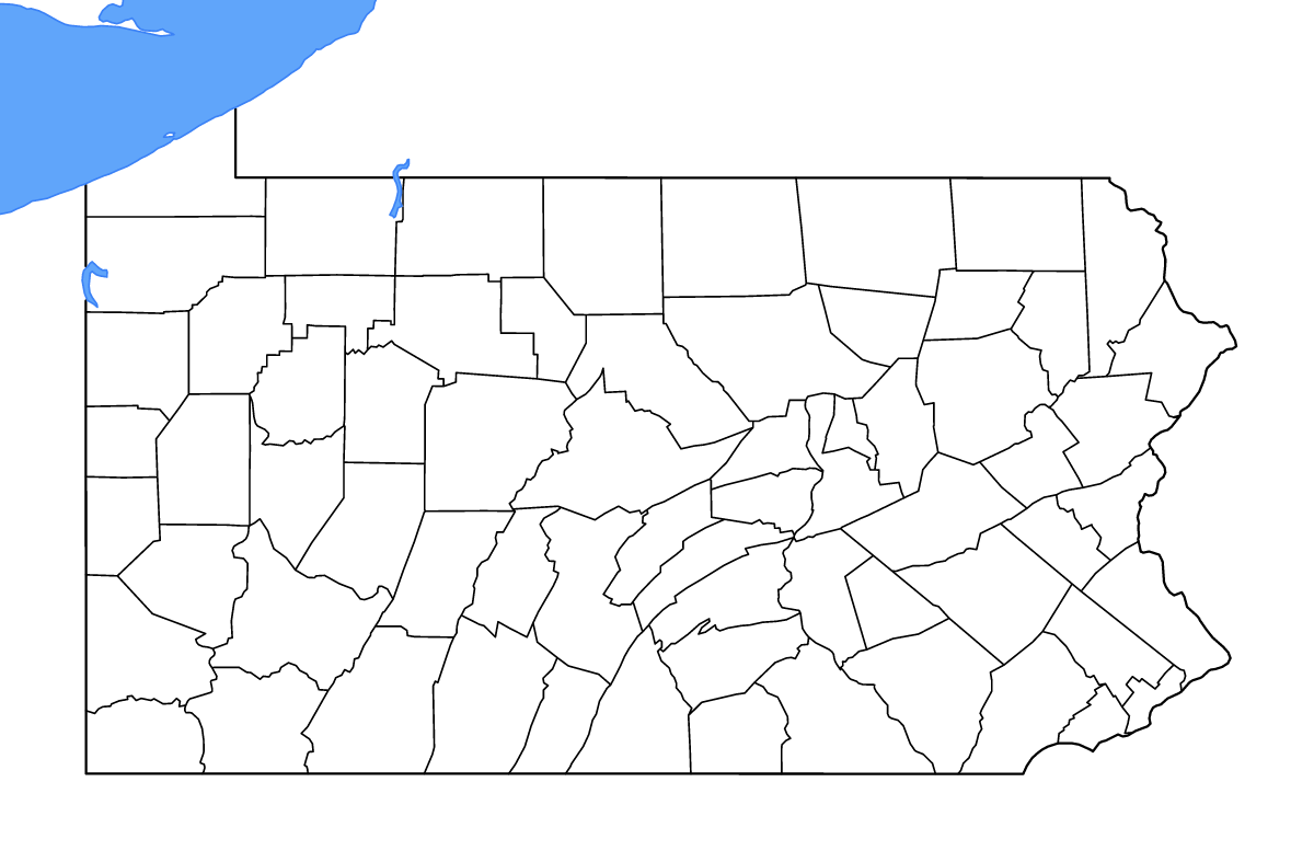Mapa de contorno de Pennsylvania, United States con límites administrativos internos, lagos y ríos.