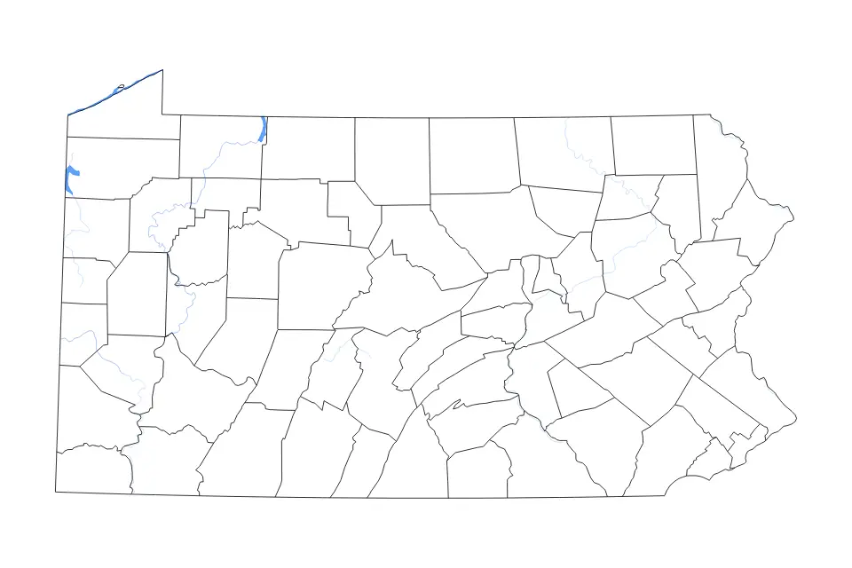 Outline map of Pennsylvania, United States with subdivision borders and major lakes and rivers.