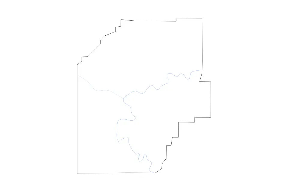 Outline map of Venango County, Pennsylvania with subdivision borders and rivers.