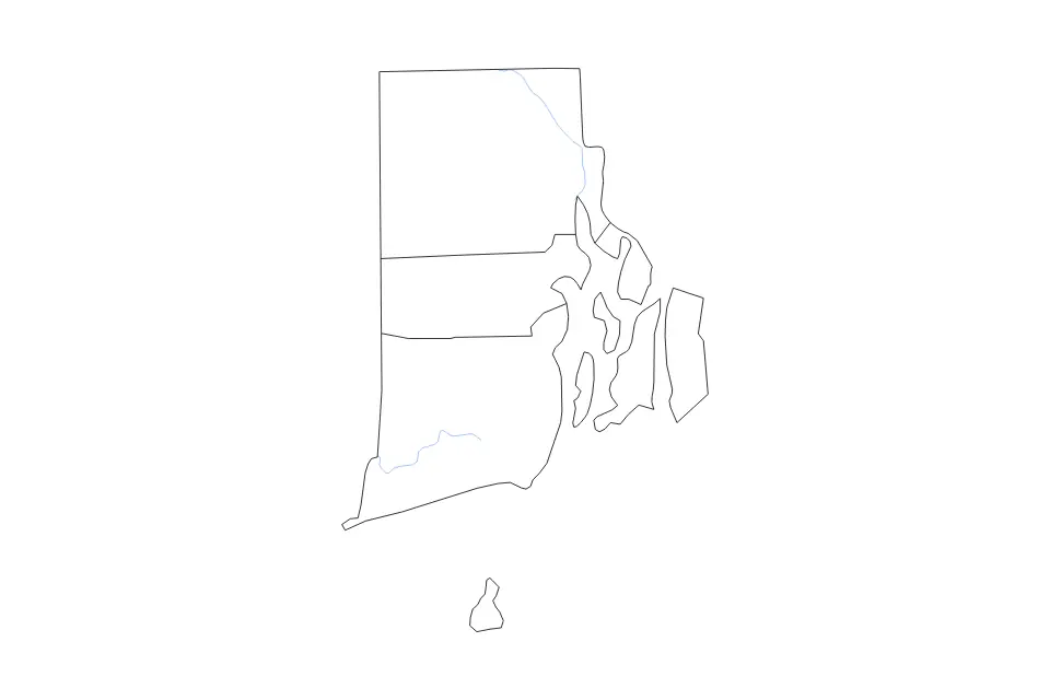Outline map of Rhode Island, United States with subdivision borders and rivers.