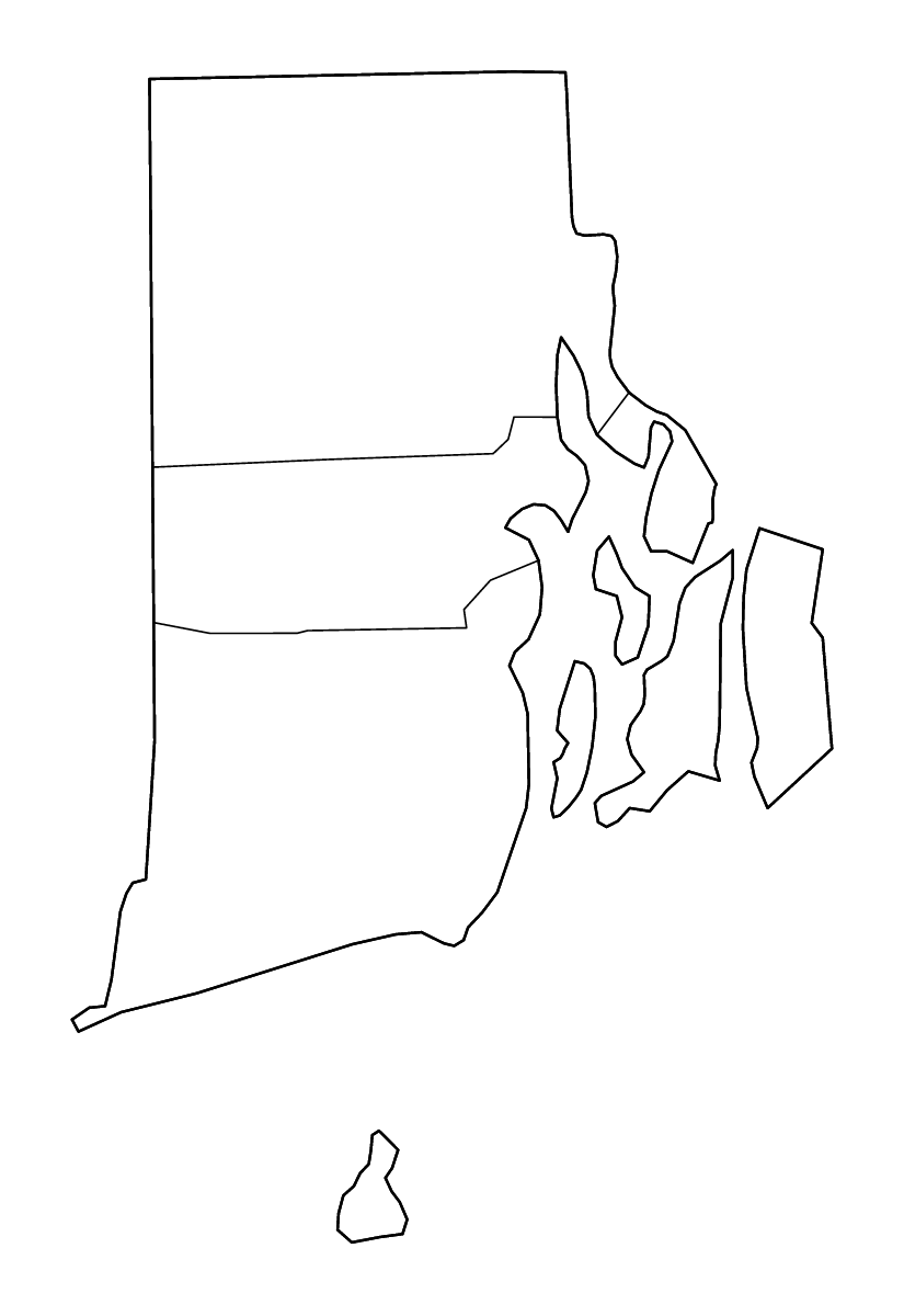 Mapa de contorno de Rhode Island, United States con límites administrativos internos y ríos.