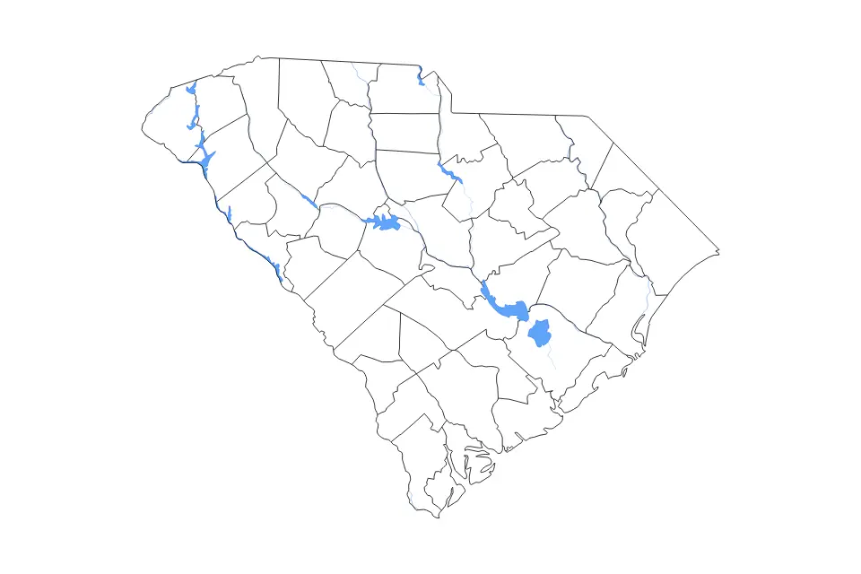 Mapa de South Carolina, United States de tipo contorno, subdivisiones, lagos y ríos para América del Norte, con contorno, subdivisiones, lagos y ríos con elementos de agua como Lake Moultrie, Lake Marion y Lake Keowee.