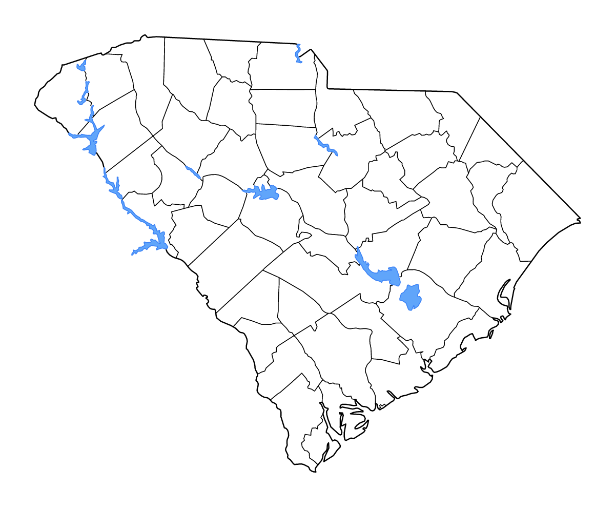 Mapa de contorno de South Carolina, United States con límites administrativos internos, lagos y ríos.